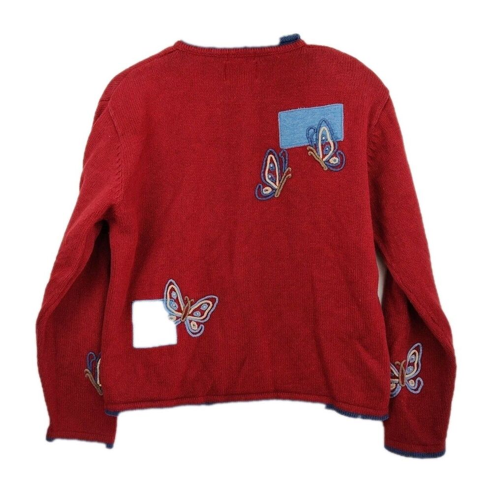 Christopher & Banks Hand Embroidered Cardigan, women's L, dark red, butterflies - Picture 3 of 9